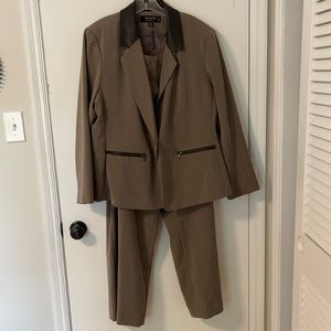 Women’s brown pantsuit with faux leather trim